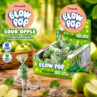 CHARMS BLOW POP SOUR APPLE 25¢ - 48CT/ DISPLAY